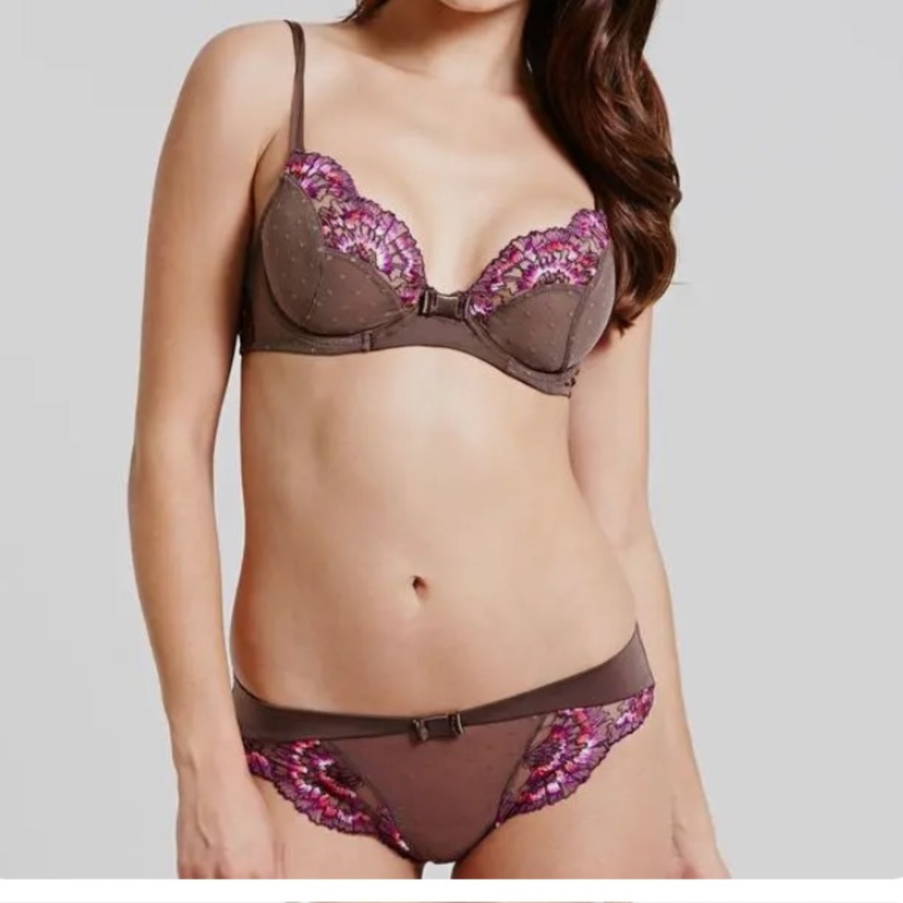 Wacoal Set Dahlia embroidered cocoa bra 34D bikini sz M